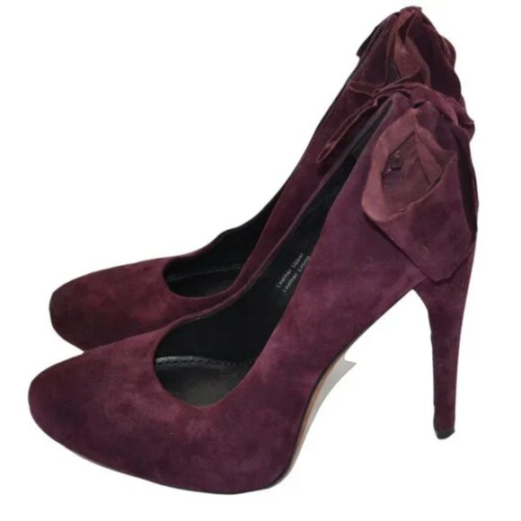 Vera Wang Plum Purple Burgundy Red Leather Suede Pin-Up Bow Stiletto Heels 6.5 - Picture 3 of 11